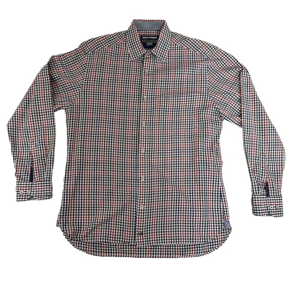 Johnston Murphy Shirt Mens Size Medium Blue Orange Plaid Button Up Tailored Fit - Picture 16 of 16